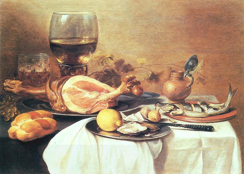 Pieter Claesz A ham, a herring, oysters, a lemon, bread, onions, grapes and a roemer China oil painting art